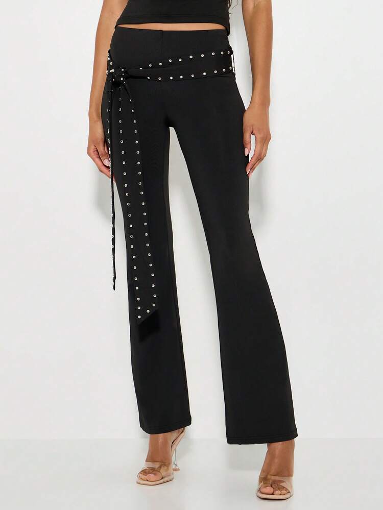 KIZN Black Flared Trousers With Studded Belt Detail