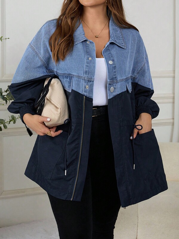 SHEIN CURVE+ Veste en jean décontractée pour femmes grandes tailles, avec blocs de couleurs, épaules tombantes, manches longues et cordon de serrage à la taille