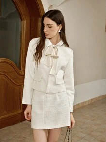 INAWLY Women's Solid Color Bow Decor Regular-Shoulder Elegant Jacket And Skirt 2 Pieces Set Fall Cloth For Women - Apricot - View 4