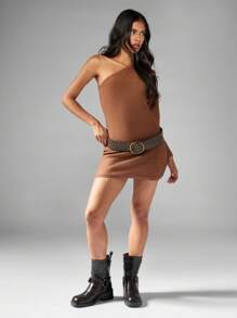 MISSGUIDED One Shoulder Knitted Mini Dress Long Sleeve Fitted Bodycon Winter Fall Party Club Night Out Elegant Form Fitting Sweater Dress - Khaki - View 3