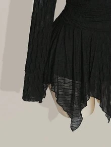 SHEIN ICON 大码女式纯色褶皱方领长袖不对称下摆连衣裙、Y2k 复古不对称下摆连衣裙、万圣节服装、女巫服装黑色连衣裙 - 黑色 - 查看 7