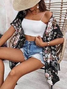 SHEIN PETITE Veste décontractée transparente à imprimé floral pour les vacances - Multicolore - Voir 5