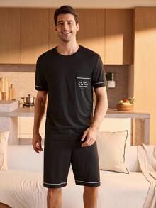 Manfinity Underwear&Sleepwear Basics 男士圆领短袖短裤睡衣套装 - 黑色 - 查看 4