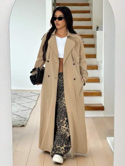 SHEIN EZwear 女款休閒法式優雅日常春秋款翻領雙排扣長版風衣，教師節辦公穿搭卡其色