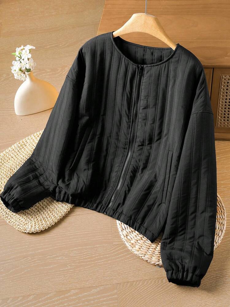 Women's Solid Color Zip-Up Collarless Padded Coat, Autumn/Winter Women Quilted Jacket Women Lightweight Jacket Women Black Jacket Zip Up Jacket Women Puffer Jacket Women Women's Winter Sweater Fall Women Clothes Fall Clothes For Women Autumn Clothes Fall Tops Women Winter Coat Women Winter Clothes For Women