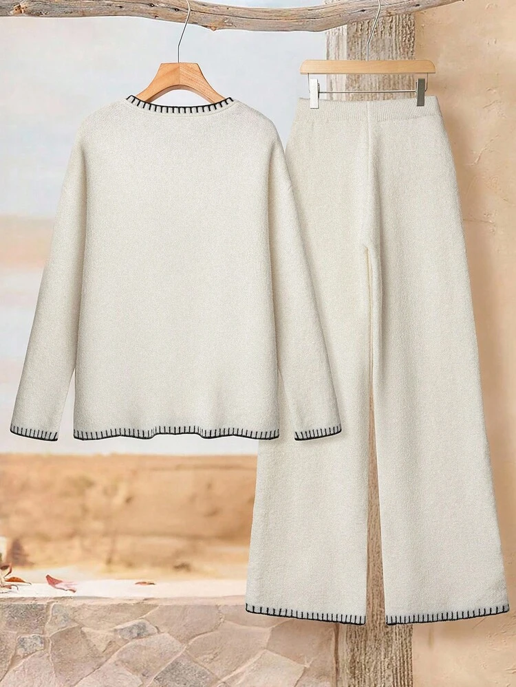 Conjunto de 2 piezas de suéter de cuello redondo de manga larga y pantalones de color contrastante para mujer