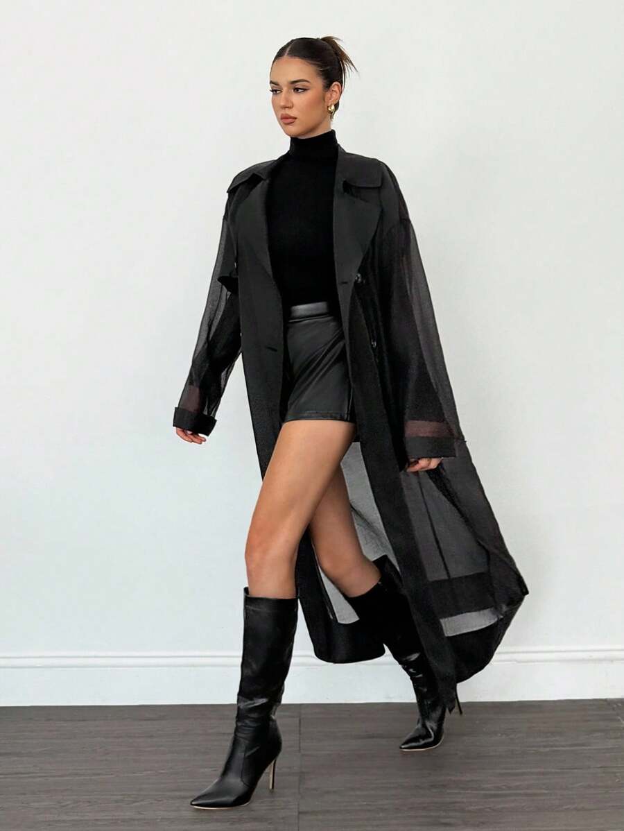 SHEIN Tall 2025 新款女式透明欧根纱长袖系带风衣夹克，简约时尚休闲日常穿着，优雅外套，适合春夏季，秋冬季情人节黑色罩衫透明外套 - 黑色 - 查看 1