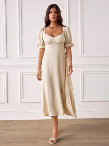SHEIN Tall Women's French Summer Casual Linen Solid Backless Short Sleeve Dress Daily Wear Summer Outfits For Women Summer Dresses For Women Graduation Dress Vacation Outfits Women Beach Outfits For Woman Graduation Dresses For Women Vacation Outfits Woman Holiday Outfits Summer Outfits Graduation Outfit 4th Of July Western Wear Women Vacation Dress - Apricot - View 1