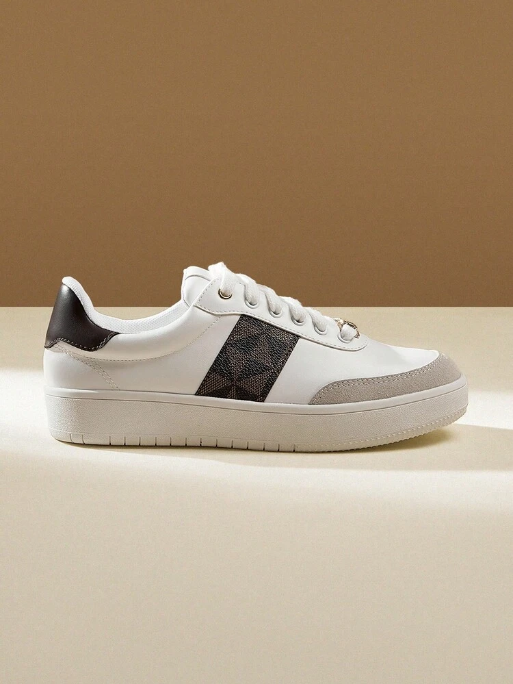 CUCCOO EASI Women's Round Toe Thick Flat Casual Sneakers, Patchwork Design, PU Leather, Brown, Suitable For Casual Wear And Outdoor