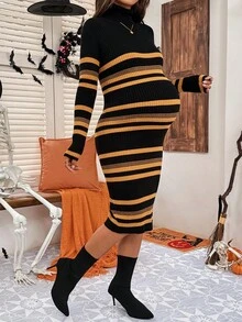SHEIN Váy len ôm dáng dài tay cổ lọ kẻ sọc cho bà bầu - Nhiều màu - Xem 3