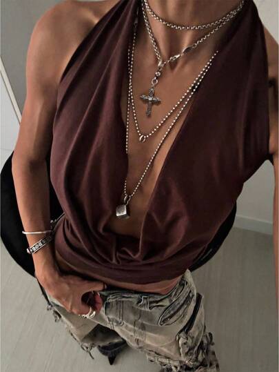 StreetHx Women's Coffee Brown Music Festival Draped Neck Streetwear Vacation Beach Party Sexy Camisole