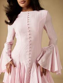MISSGUIDED Bell Sleeve Button Front Mini Dress Ruffled Hem Fit And Flare Party Holiday Formal Wedding Guest Special Occasion Vintage Victorian Style - Pink - View 6