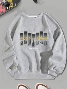 Manfinity Homme 休闲时尚百搭圆领长袖男士套头衫，男士图案运动衫，男士圆领运动衫，男士休闲长袖 T 恤，秋冬 - 淺灰色 - 查看 2