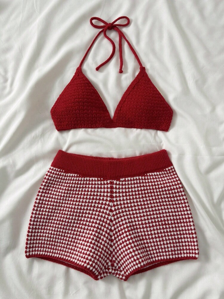 Women Solid Color Halter Knitted Top And Plaid Woolen Shorts Set - Red - View 1