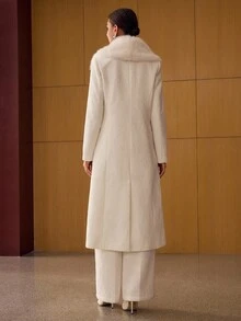 PREMIUM LACE CONTRAST FUZZY COLLAR DOUBLE BREASTED PLACKET LONGLINE OVERCOAT - White - View 3