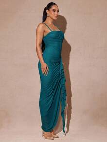 Silquee 优雅的鼠尾草绿色浪漫荷叶边袖高开衩长裙，女士蕾丝紧身派对礼服，适合情人节、约会、婚礼、舞会 - 水鴨藍 - 查看 5