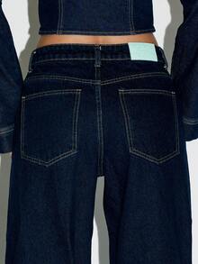 KIZN 高腰阔腿卷边牛仔裤复古 Y2K 时尚潮流牛仔裤秋冬街头风双袖口毛边 - 深色水洗藍 - 查看 4