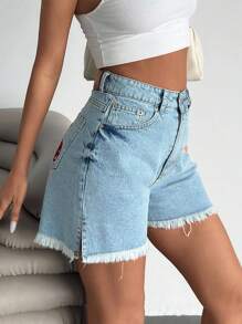 SHEIN MINI DENIM SHORT WITH CHERRY EMBROIDERY, Minimalist & Fashionable, Suitable For Summer - Light Wash - View 3