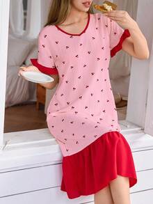 Dream Adore 撞色荷叶边下摆花卉印花V领短袖睡袍女式睡衣裙女士睡衣女式睡裙睡衣女式睡衣裙樱桃印花睡袍 - 粉色 - 查看 4