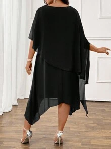 Rometta 优雅通勤和派对休闲女士时尚畅销百搭舒适雪纺面料圆领短袖多层中长连衣裙，海军蓝，加大码 - 黑色 - 查看 3