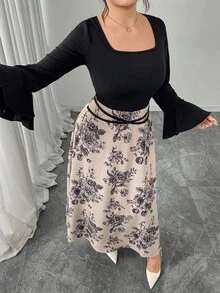 Modelyn 随机花卉印花拼布黑色荷叶边袖浪漫优雅简约时尚大码女式长裙 - 黑色 - 查看 3