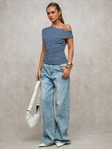 SHEIN BAE 这款春、秋、夏三季钩针编织棕色条纹露肩不对称上衣T恤，适合日常休闲、外出、与闺蜜聚会、下午茶、通勤休闲、海滩度假以及各种场合穿着。 - 藏蓝色 - 查看 4