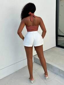 Alexandranx 女士纯色短款交叉吊带上衣 - 鏽棕色 - 查看 2