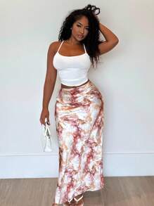 Alexandranx Women Elegant Versatile A-Line Midi Skirt With Dot Print Maxi Satin Women Outfit, Women S Clothes - Coffee Brown - View 1