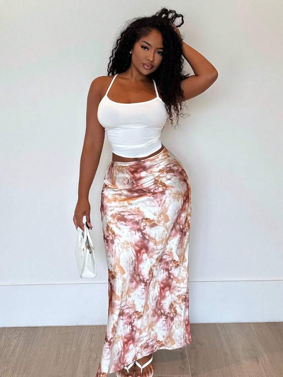 Alexandranx Women Elegant Versatile A-Line Midi Skirt With Dot Print Maxi Satin Women Outfit, Women S Clothes - Coffee Brown - View 1