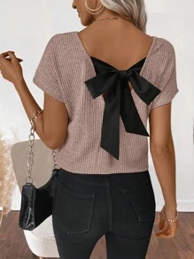 SHEIN LUNE 女士时尚休闲V领蝴蝶结短袖T恤 - 粉色 - 查看 4