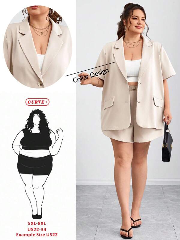 SHEIN CURVE+ Curve Plus Size/Autumn Clothes /Fall Women Clothes/Winter Clothes For Women/Winter ClothesPlus Size Women's Summer Fall Clothes Back To School Clothes Fall Outfits Business Women Clothes New Style Fashion Casual Commuting Elegant Business Casual Khaki Suit And Khaki Pants Two Pieces Short Set Short Sleeve Suit Suit