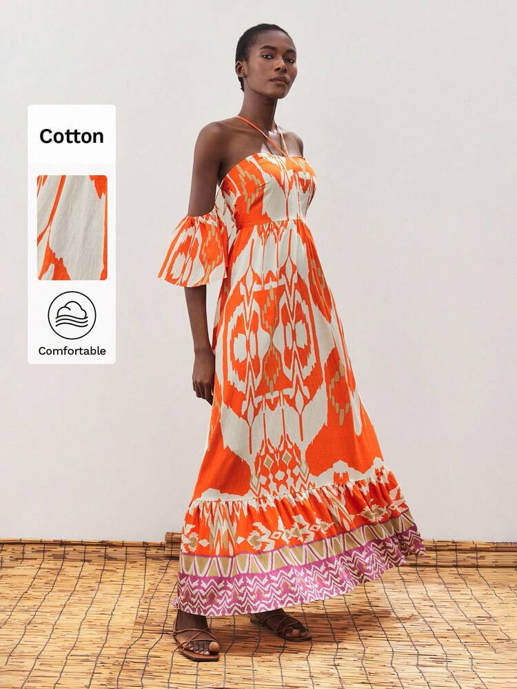 SHEIN Maija Women's Vacation Casual Contrast Color Print Backless Dress