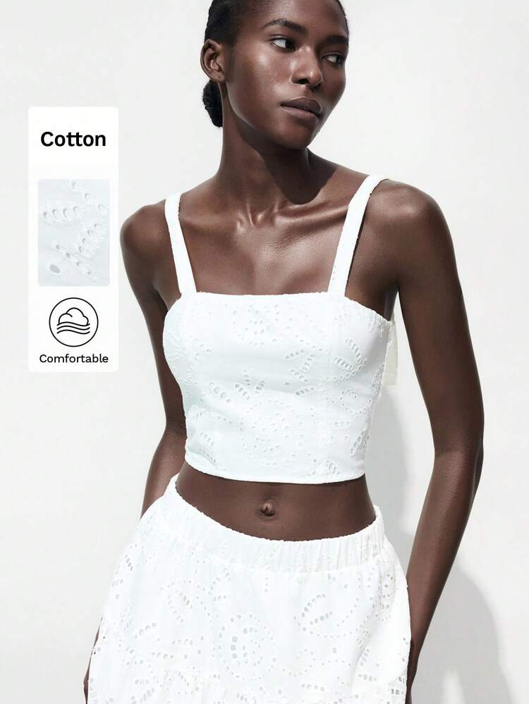 SHEIN Maija Women's White Woven Eyelet Crop Top Cute And Casual Summer Top With Straps And Zipper Detail