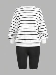 SHEIN LUNE Bộ 2 áo nỉ kẻ sọc rộng rãi và quần legging bó cho nữ, trang phục thể thao mặc thường ngày, trang phục mùa thu cho nữ, quần áo mùa thu - Nhiều màu - Xem 9