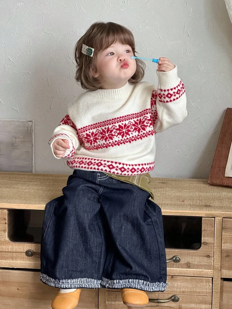 Toddler Girls' Round Neck Christmas Atmosphere Knit Sweater, Korean Style, Autumn/Winter