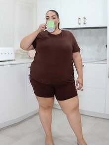 Pretty and Ole Bộ áo thun tay ngắn và quần short màu trơn thường ngày mùa hè phong cách lễ hội âm nhạc cỡ lớn cho nữ - màu nâu - Xem 6