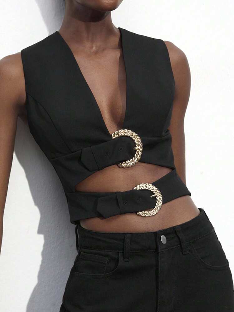 SHEIN Maija Women's Autumn/Winter Black Double-Buckle V-Neck Hollow Structure Elegant Crop Top