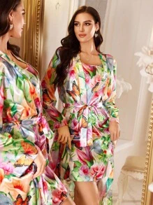 LuxeNights 花卉印花吊带裙和配套花卉长袍两件套，优雅、舒适、百搭，秋季服装 - 彩色 - 查看 3