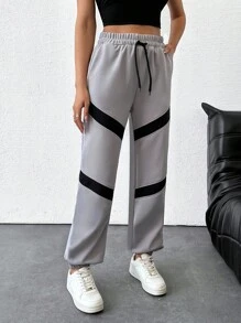 EURMUSE Women's Solid Black Stripe Detailed Drawstring Sweatpants - Grey - View 5
