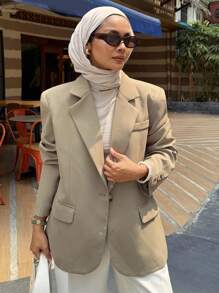 Joudiya 商务休闲纯色西装外套，秋季女装，优雅时尚 - 卡其色 - 查看 5