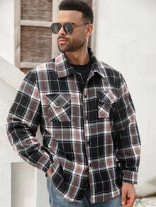 Manfinity Homme Veste casual en mélange de laine à manches longues, simple boutonnage, à carreaux, grande taille, pour hommes - Multicolore - Voir 1
