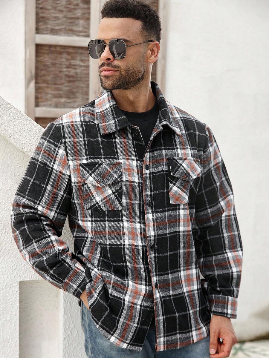 Manfinity Homme Veste casual en mélange de laine à manches longues, simple boutonnage, à carreaux, grande taille, pour hommes - Multicolore - Voir 1