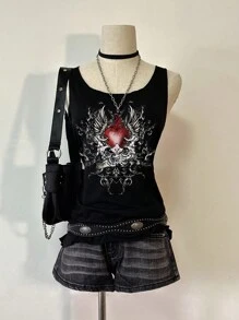 Attitoon Women's Casual Punk Heart Pattern Loose Tank Top Back To School - Black - View 5