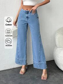 EURMUSE Medium Wash Midwaist Wideleg Cutline Detail - Medium Wash - View 1