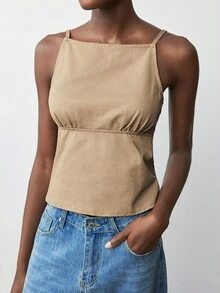 Maija 女式卡其色无袖吊带设计性感露背牛仔上衣 - 棕色 - 查看 1