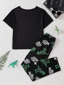 SHEIN 2 件青少年男孩短袖睡衣套装，轻盈酷炫恐龙印花，带有可爱恐龙和字母图案的衬衫，全身恐龙印花的裤子 - 黑色 - 查看 2
