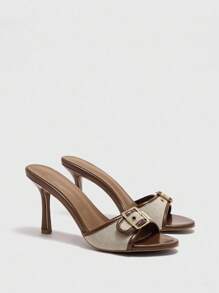 CUCCOO BIZCHIC Giày cao gót mũi tròn thời trang màu nâu và trắng, khóa vàng, phù hợp cho việc đi lại hàng ngày - màu nâu - Xem 2