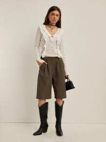 Nöista Quần short Bermuda màu xanh ô liu có túi, xếp ly. Thiết kế ôm sát, dài đến đầu gối, dáng rộng thoải mái, xếp ly phía trước. Hoàn hảo cho mùa thu, phong cách công sở thường ngày, đi học, kỳ nghỉ, đi chơi sang trọng, đám cưới, tiệc tùng, lễ hội, kỳ nghỉ hè. - xanh quân đội - Xem 4