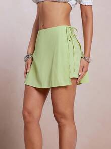 L'Amorae Women's Side Tie Closure Skort In Pastel Mint - Green - View 1