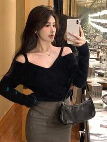 DAZY 女士露肩韩版优雅长袖毛衣，秋冬 - 黑色 - 查看 5